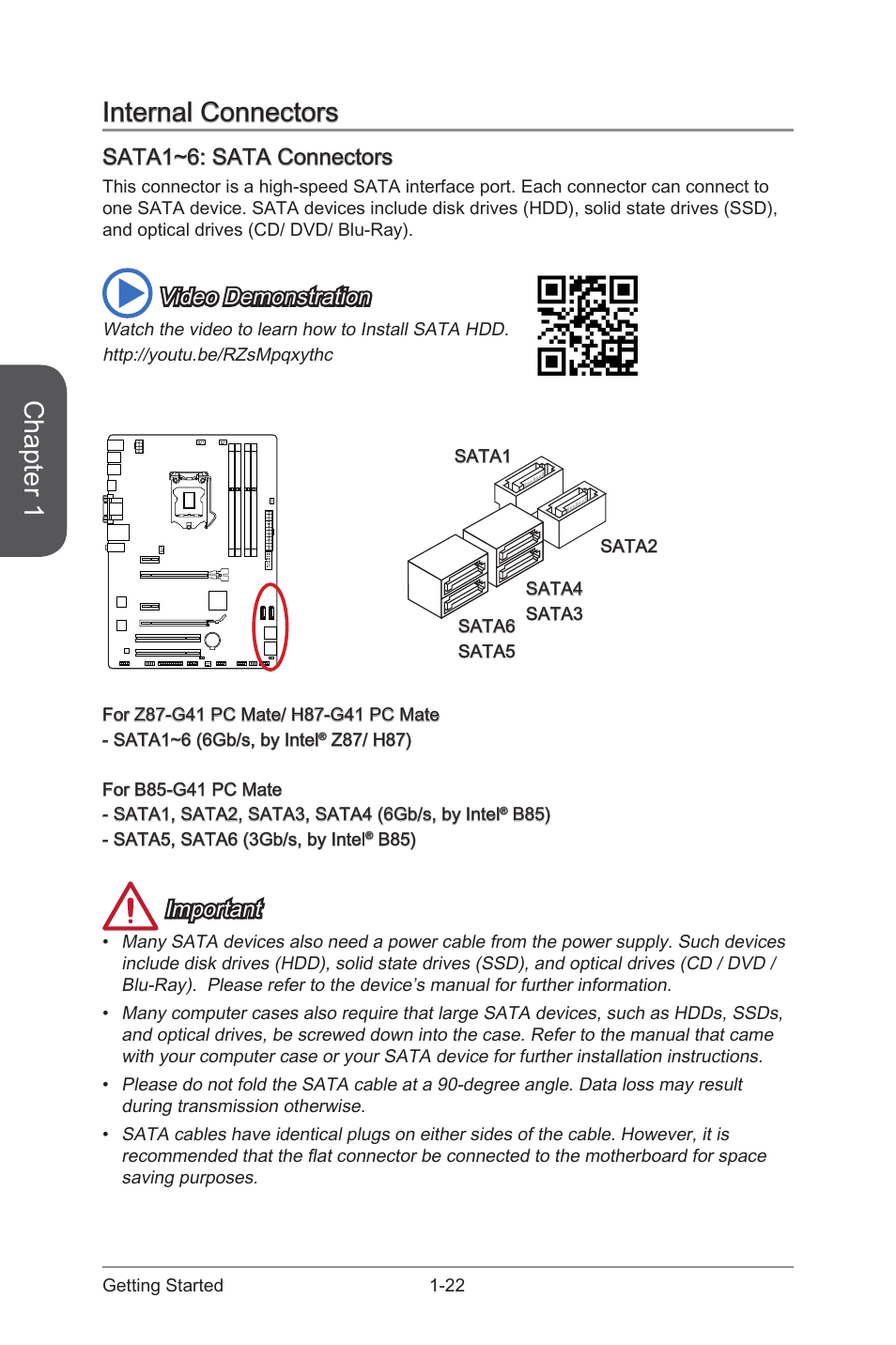 Internal connectors, Sata1~6: sata connectors, Internal connectors -22 | Sata1~6: sata connectors -22, Sata1~6, Sata connectors, Chapter 1, Video demonstration, Important | MSI B85-G41 PC Mate User Manual | Page 36 / 104