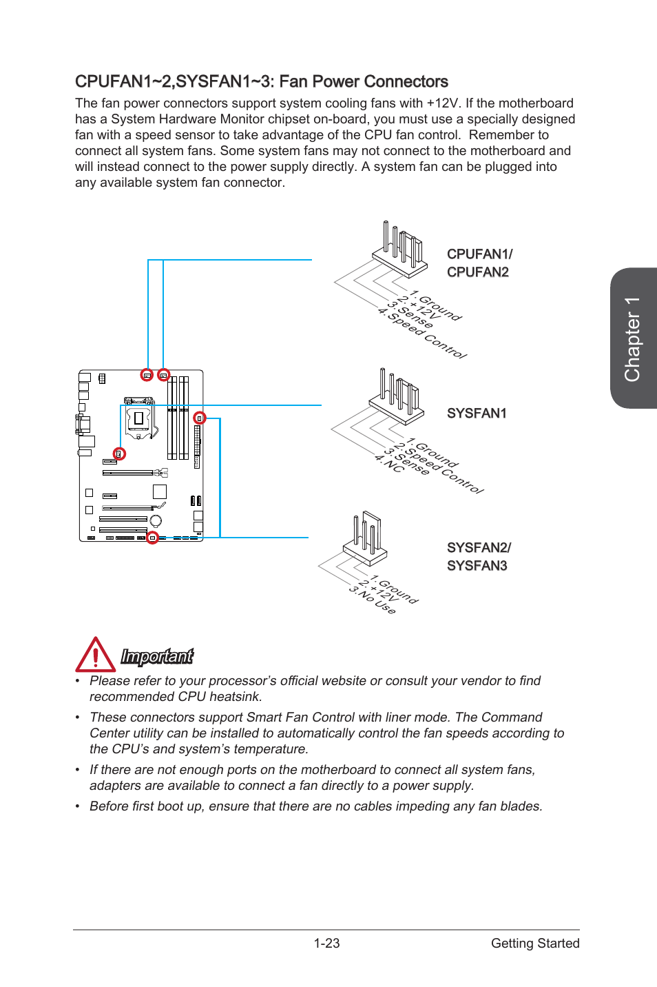 Cpufan1~2,sysfan1~3: fan power connectors, Cpufan1~2,sysfan1~3: fan power connectors -23, Cpufan1~2,sysfan1~3 fan power connectors | Chapter 1, Important | MSI B85-G41 PC Mate User Manual | Page 37 / 104