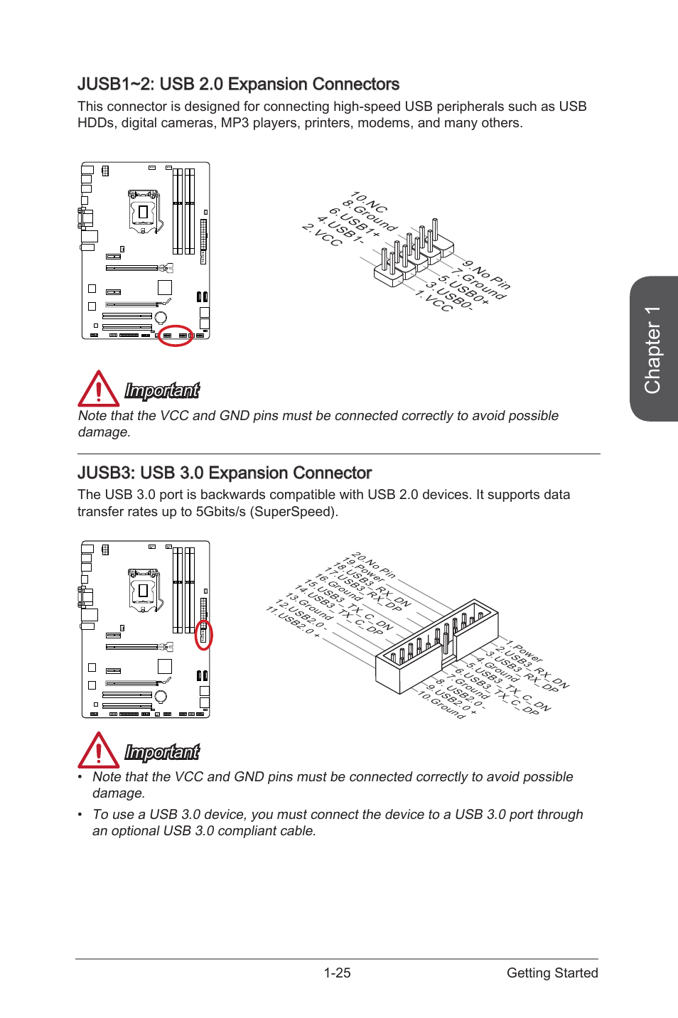 Jusb1~2: usb 2.0 expansion connectors, Jusb1~2: usb 2.0 expansion connectors -25, Jusb1~2 | Usb 2.0 expansion connector, Jusb3, Usb 3.0 expansion connector, Chapter 1, Important, Jusb3: usb 3.0 expansion connector | MSI B85-G41 PC Mate User Manual | Page 39 / 104