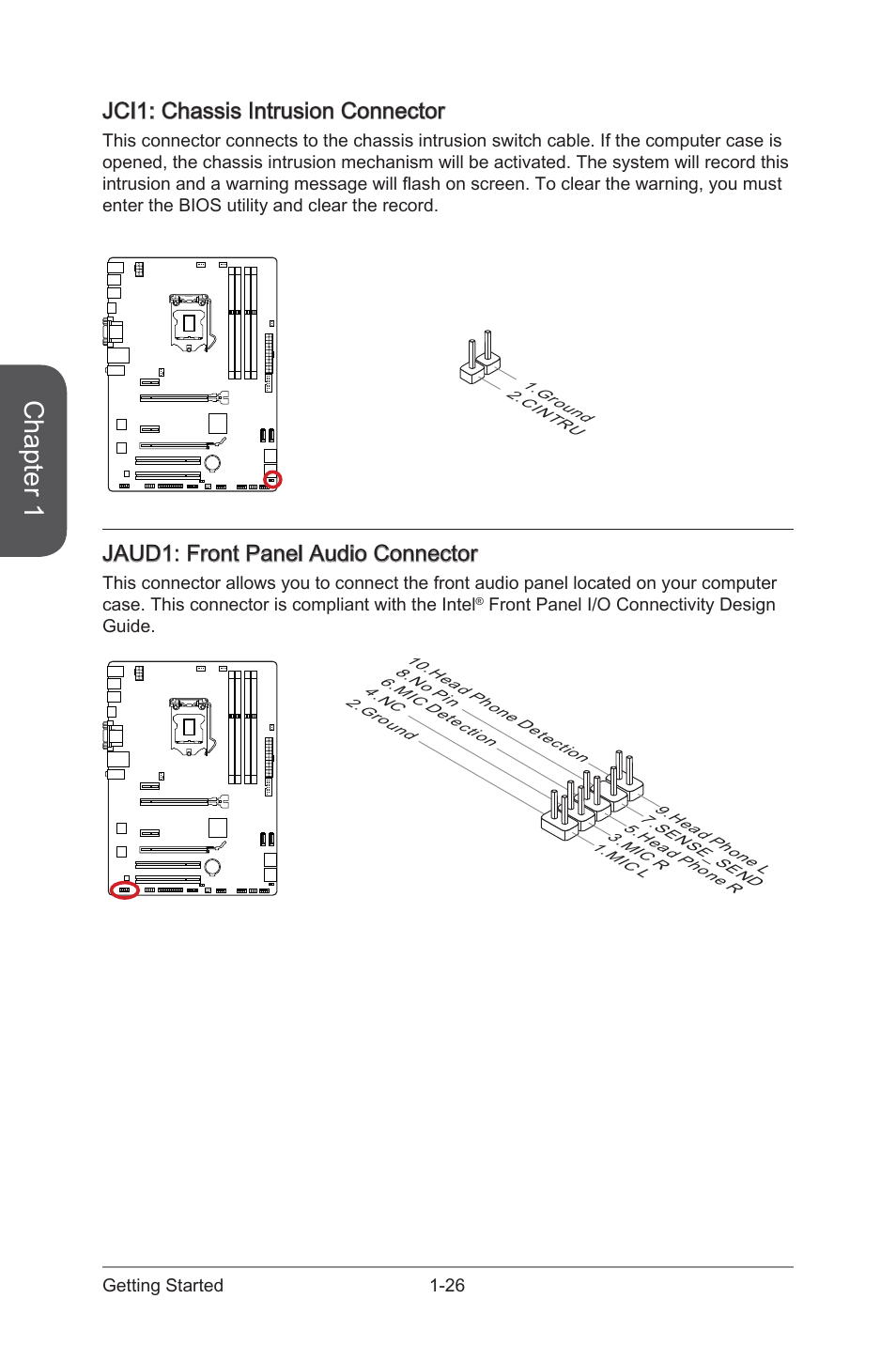 Jci1: chassis intrusion connector, Jci1: chassis intrusion connector -26, Jaud1 | Front panel audio connector, Jci1, Chassis intrusion connector, Chapter 1, Jaud1: front panel audio connector | MSI B85-G41 PC Mate User Manual | Page 40 / 104