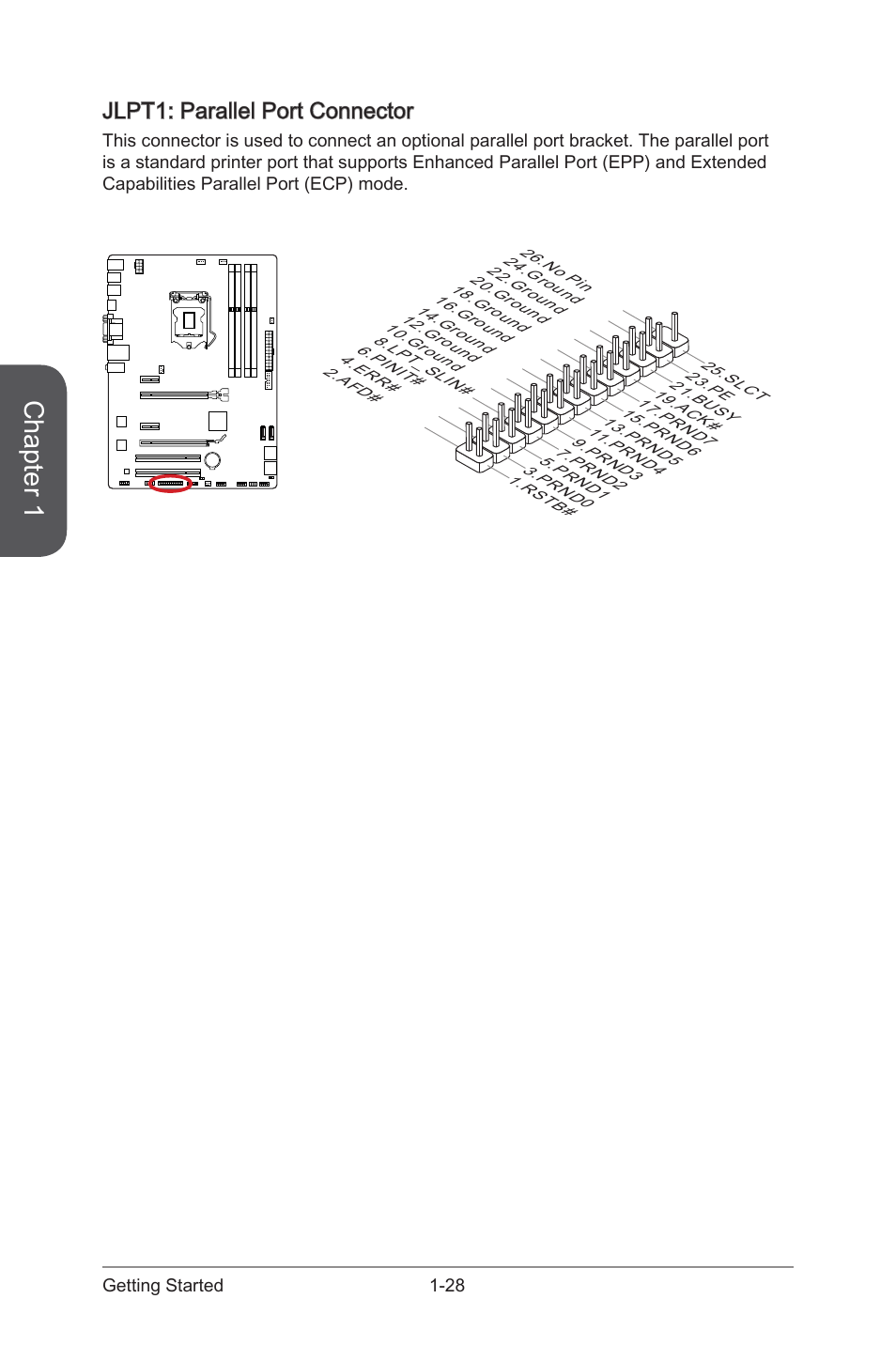 Jlpt1: parallel port connector, Jlpt1: parallel port connector -28, Jlpt1 | Parallel port connector, Chapter 1 | MSI B85-G41 PC Mate User Manual | Page 42 / 104