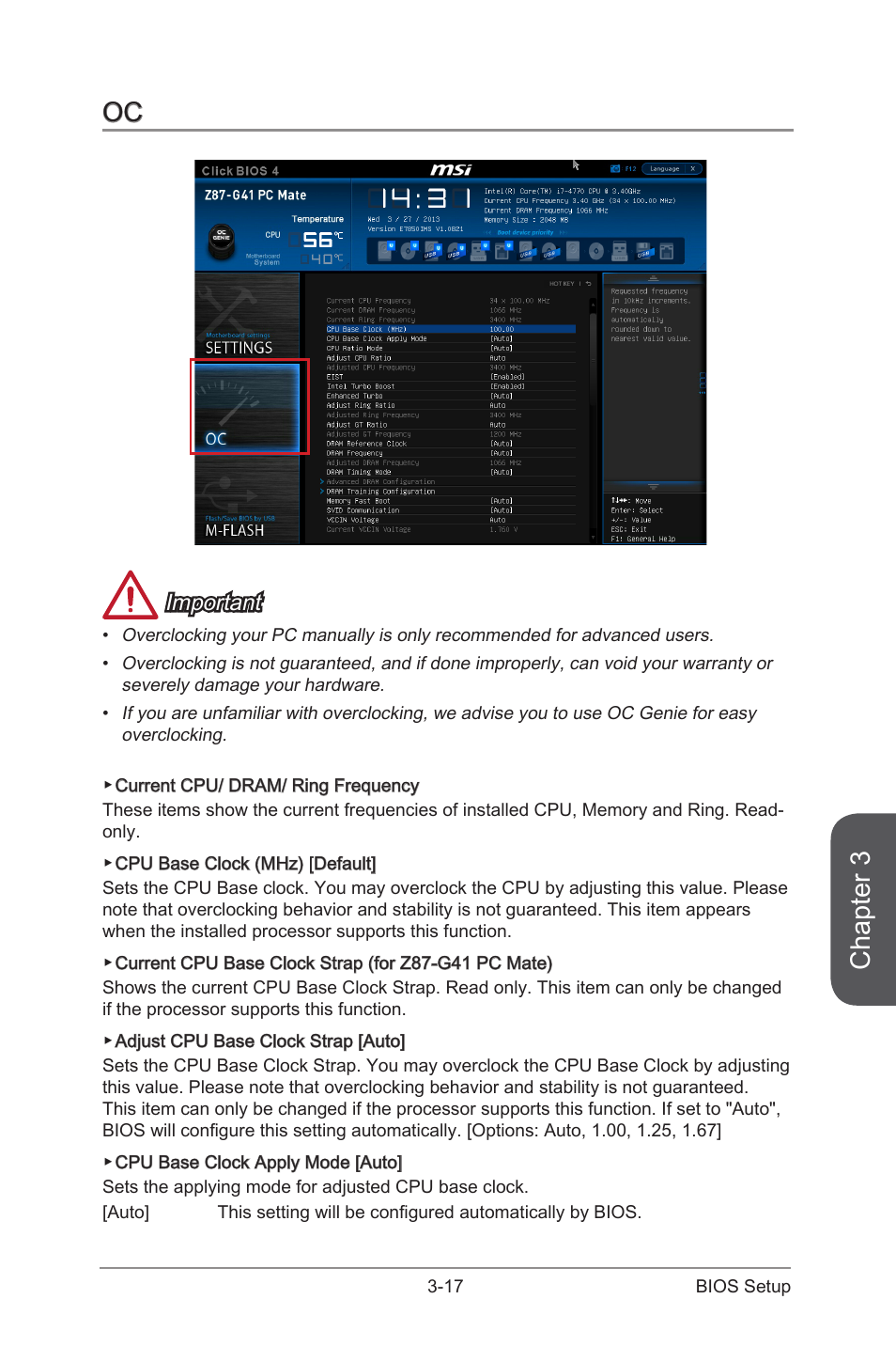 Oc -17, Chapter 3, Important | MSI B85-G41 PC Mate User Manual | Page 75 / 104