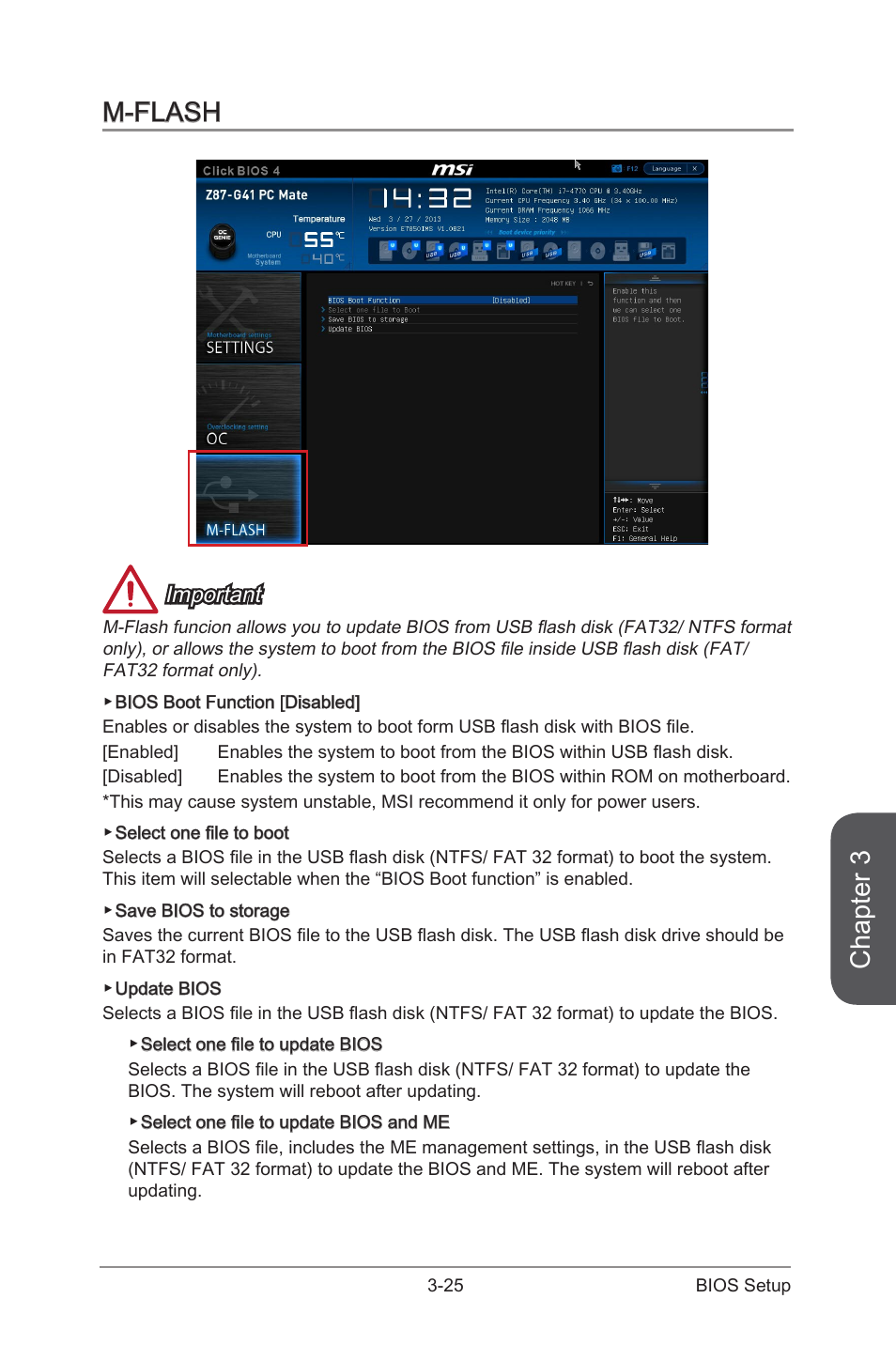 M-flash, M-flash -25, Chapter 3 | Important | MSI B85-G41 PC Mate User Manual | Page 83 / 104