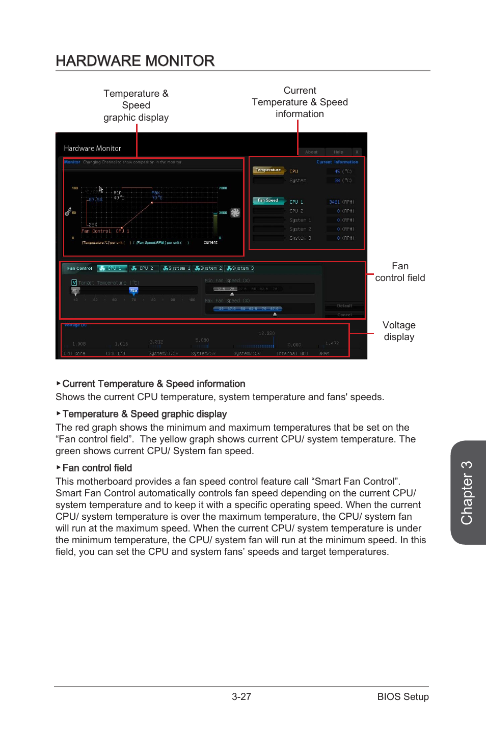 Hardware monitor, Hardware monitor -27, Chapter 3 | MSI B85-G41 PC Mate User Manual | Page 85 / 104