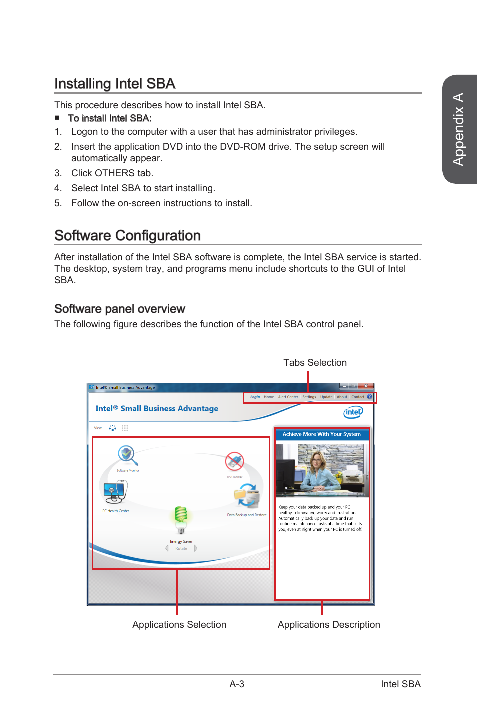 Software configuration, Software panel overview, Installing intel sba | Appendix a | MSI B85-G41 PC Mate User Manual | Page 89 / 104