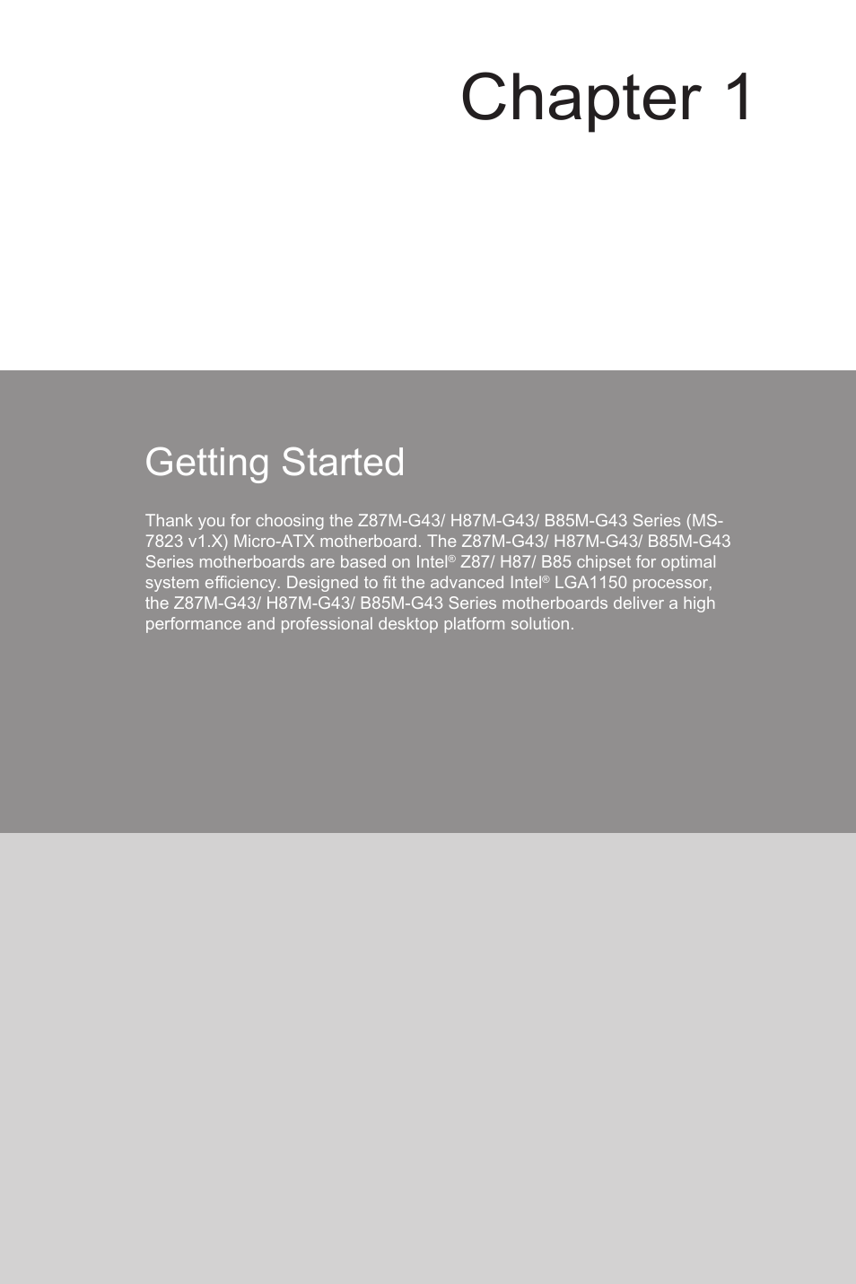 Getting started, Getting started -1, Chapter 1 | MSI CSM-H87M-G43 User Manual | Page 15 / 104