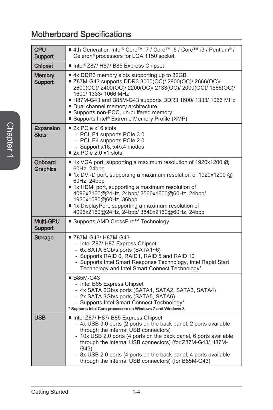 Motherboard specifications, Motherboard specifications -4, Chapter 1 | MSI CSM-H87M-G43 User Manual | Page 18 / 104