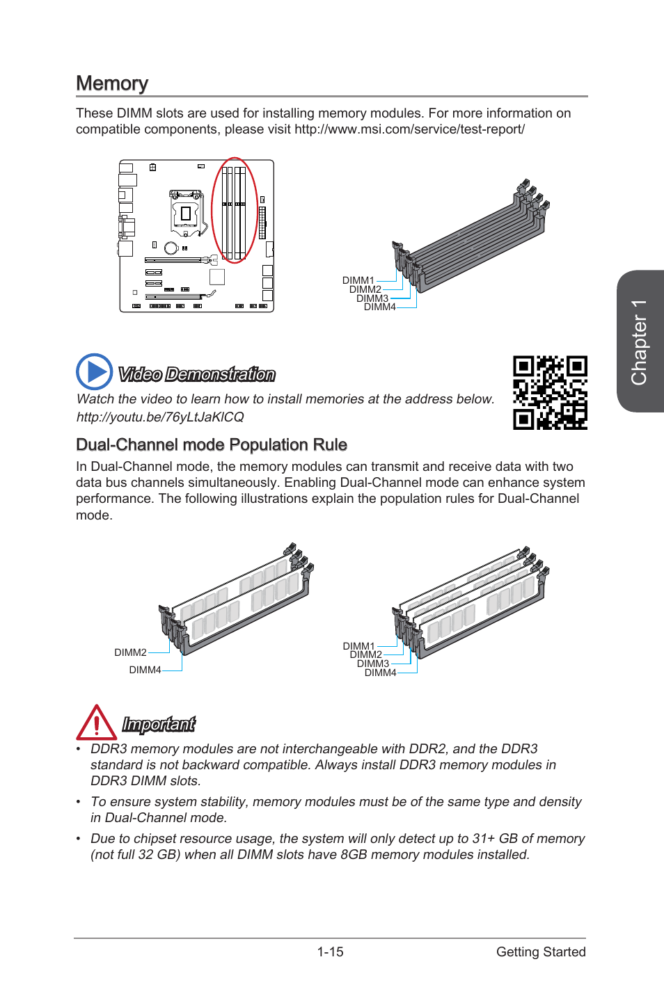 Memory, Dual-channel mode population rule, Memory -15 | Dual-channel mode population rule -15, Chapter 1, Video demonstration, Important | MSI CSM-H87M-G43 User Manual | Page 29 / 104