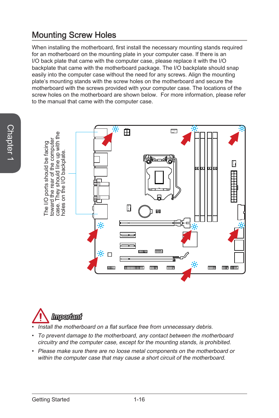 Mounting screw holes, Mounting screw holes -16, Chapter 1 | Important | MSI CSM-H87M-G43 User Manual | Page 30 / 104
