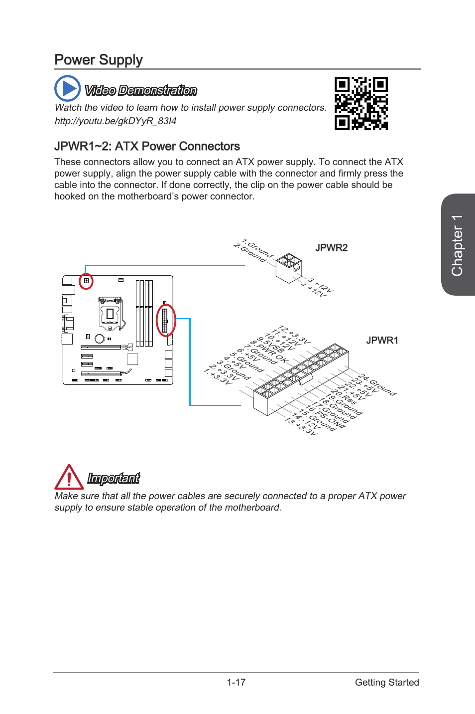 Power supply, Jpwr1~2: atx power connectors, Power supply -17 | Jpwr1~2: atx power connectors -17, Jpwr1~2, Atx power connectors, Chapter 1, Video demonstration, Important | MSI CSM-H87M-G43 User Manual | Page 31 / 104