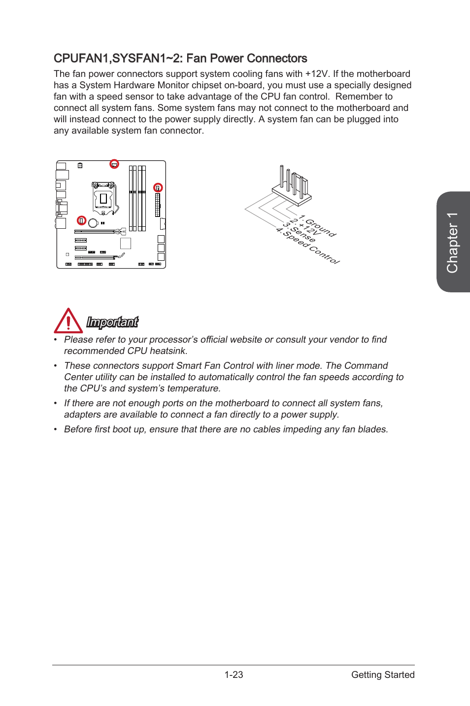 Cpufan1,sysfan1~2: fan power connectors, Cpufan1,sysfan1~2: fan power connectors -23, Cpufan1,sysfan1~2 | Fan power connectors, Chapter 1, Important | MSI CSM-H87M-G43 User Manual | Page 37 / 104