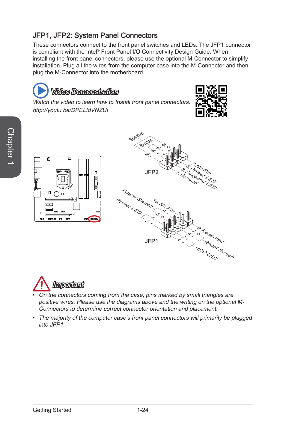 Jfp1, jfp2: system panel connectors, Jfp1, jfp2: system panel connectors -24, Jfp1, jfp2 | System panel connectors, Chapter 1, Video demonstration, Important | MSI CSM-H87M-G43 User Manual | Page 38 / 104