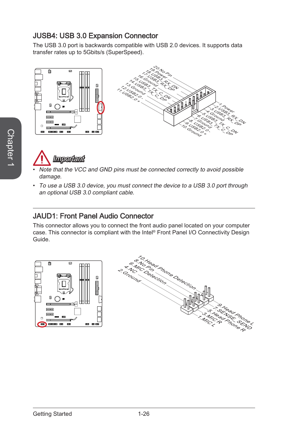 Jusb4: usb 3.0 expansion connector, Jusb4: usb 3.0 expansion connector -26, Jaud1 | Front panel audio connector, Jusb4, Usb 3.0 expansion connector, Chapter 1, Important, Jaud1: front panel audio connector | MSI CSM-H87M-G43 User Manual | Page 40 / 104