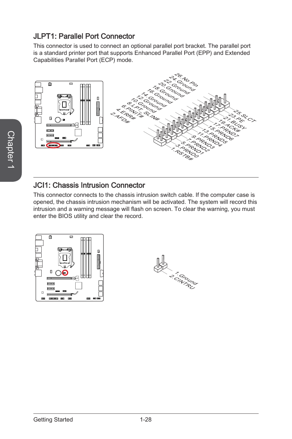 Jlpt1: parallel port connector, Jlpt1: parallel port connector -28, Jci1 | Chassis intrusion connector, Jlpt1, Parallel port connector, Chapter 1, Jci1: chassis intrusion connector | MSI CSM-H87M-G43 User Manual | Page 42 / 104