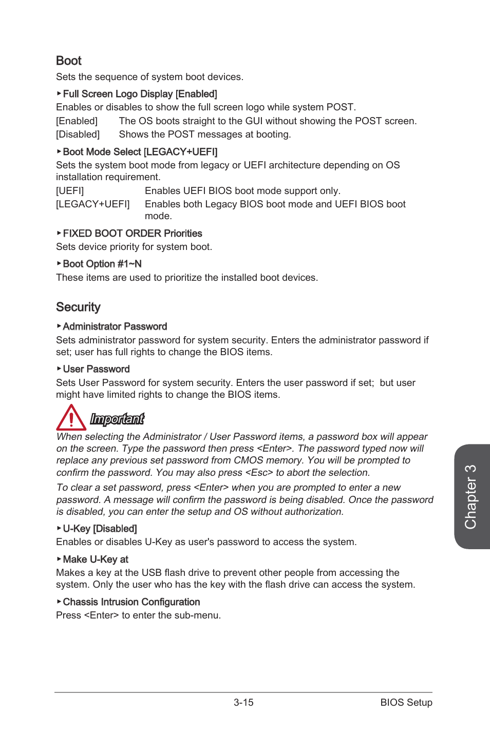 Boot, Security, Boot -15 security -15 | Chapter 3, Important | MSI CSM-H87M-G43 User Manual | Page 73 / 104