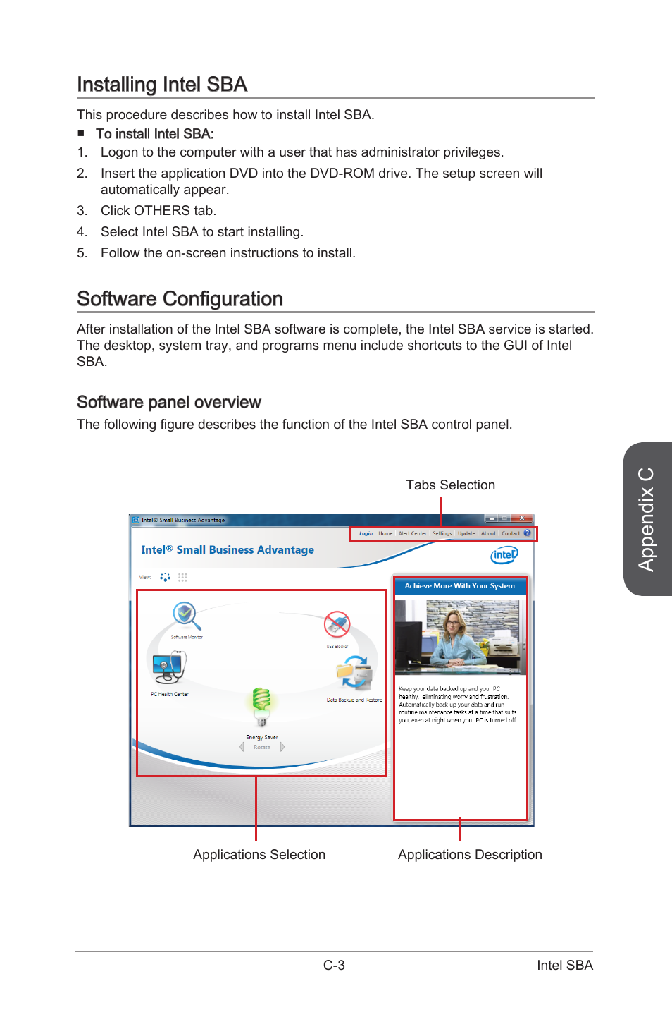 Software configuration, Software panel overview, Installing intel sba | Appendix c | MSI CSM-Q87M-E43 User Manual | Page 103 / 104