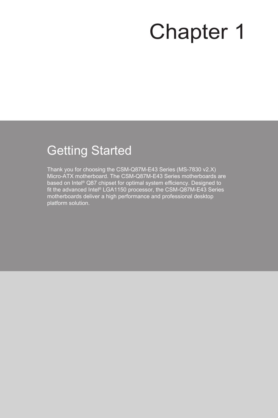 Getting started, Getting started -1, Chapter 1 | MSI CSM-Q87M-E43 User Manual | Page 15 / 104