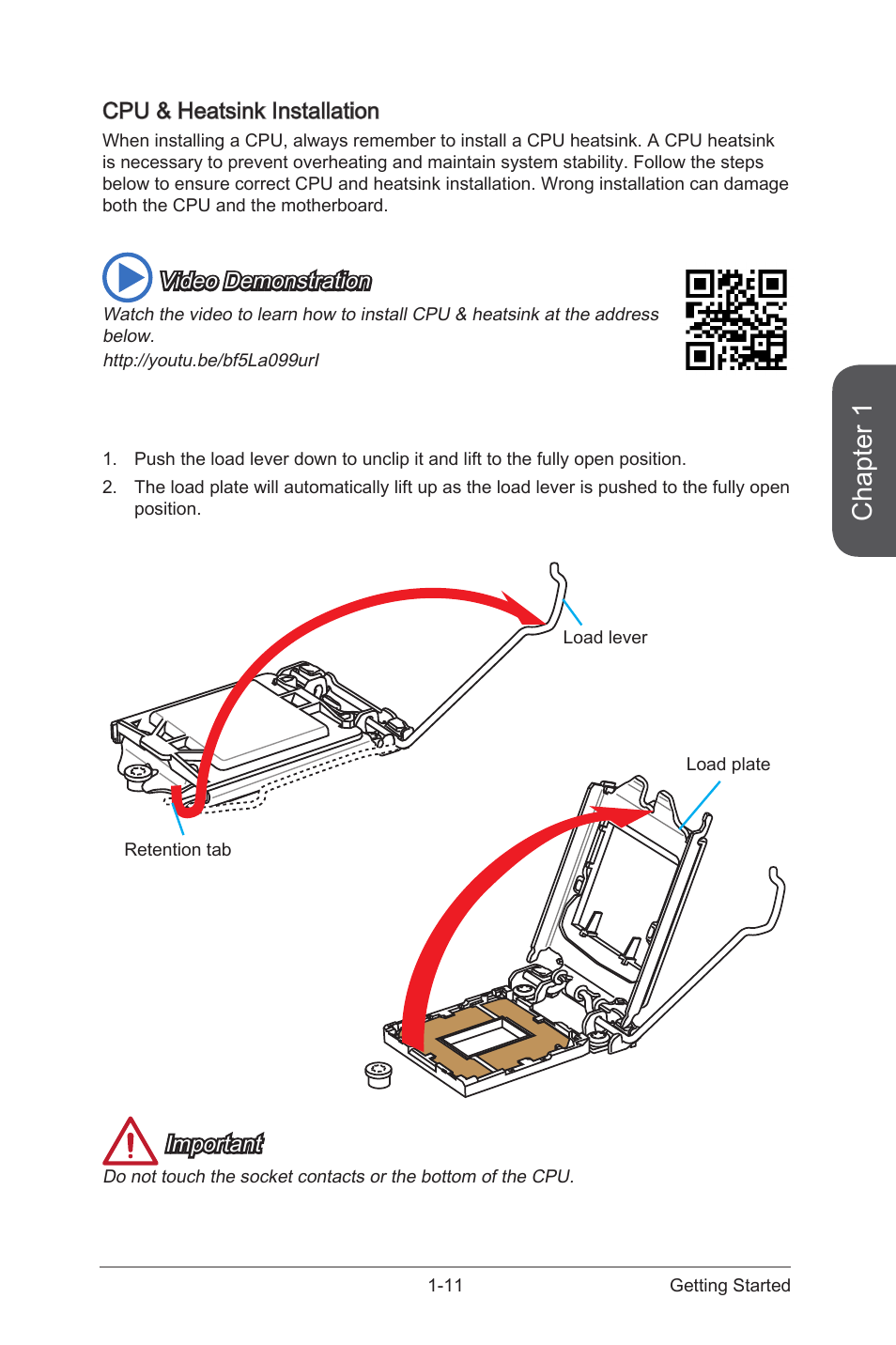 Cpu & heatsink installation, Cpu & heatsink installation -11, Chapter 1 | Important, Video demonstration | MSI CSM-Q87M-E43 User Manual | Page 25 / 104