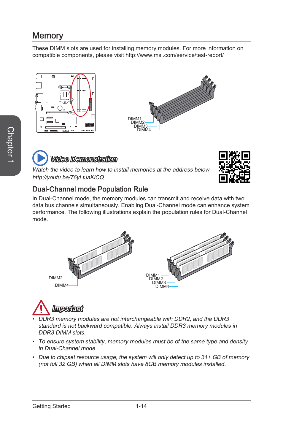 Memory, Dual-channel mode population rule, Memory -14 | Dual-channel mode population rule -14, Chapter 1, Video demonstration, Important | MSI CSM-Q87M-E43 User Manual | Page 28 / 104