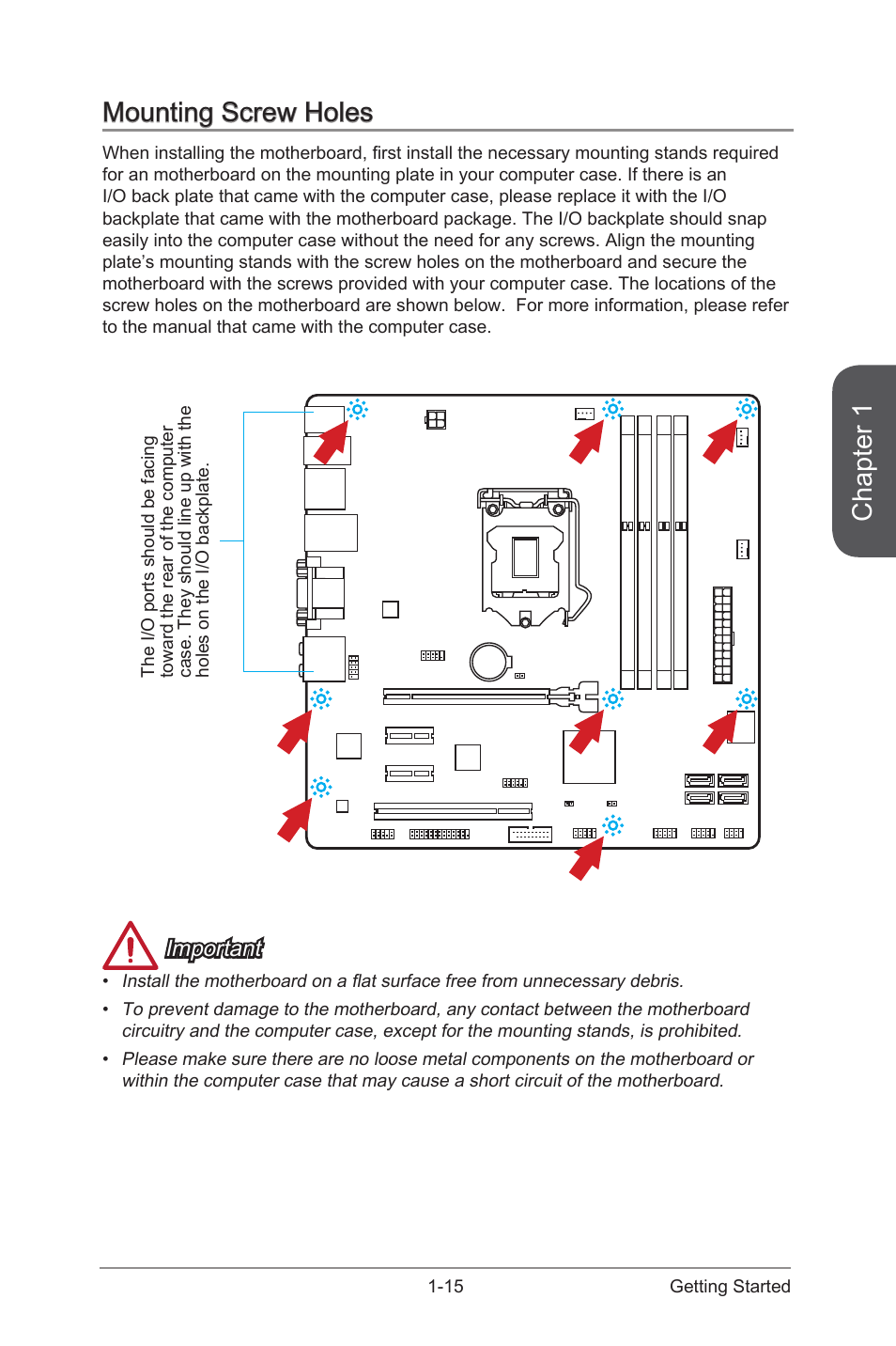 Mounting screw holes, Mounting screw holes -15, Chapter 1 | Important | MSI CSM-Q87M-E43 User Manual | Page 29 / 104