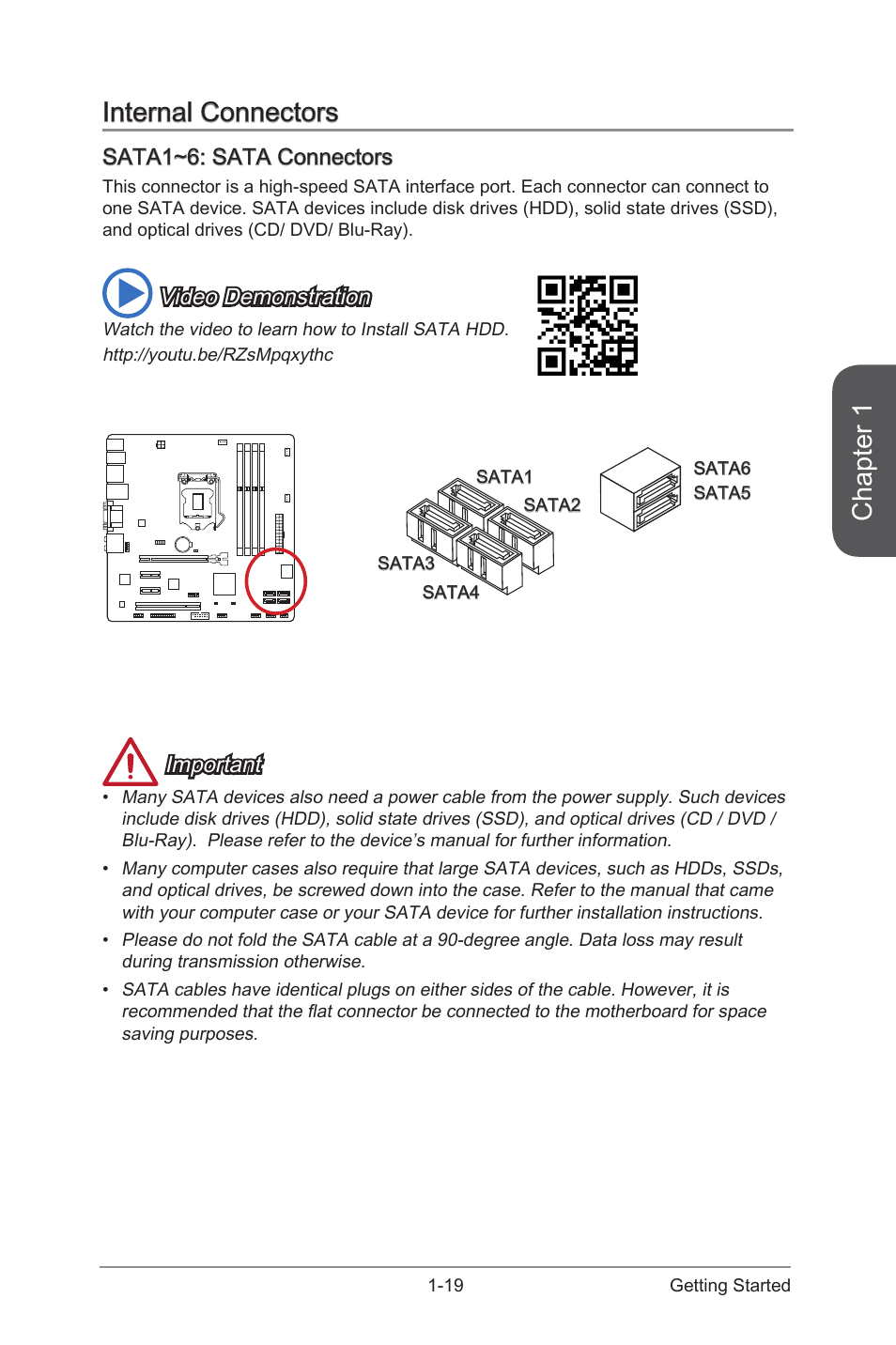 Internal connectors, Sata1~6: sata connectors, Internal connectors -19 | Sata1~6: sata connectors -19, Sata1~6, Sata connectors, Chapter 1, Video demonstration, Important | MSI CSM-Q87M-E43 User Manual | Page 33 / 104