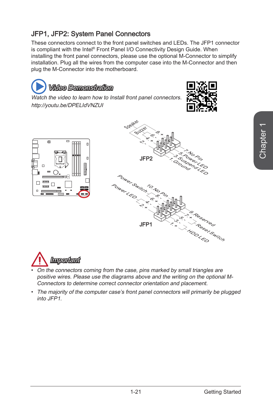 Jfp1, jfp2: system panel connectors, Jfp1, jfp2: system panel connectors -21, Jfp1, jfp2 | System panel connectors, Chapter 1, Video demonstration, Important | MSI CSM-Q87M-E43 User Manual | Page 35 / 104