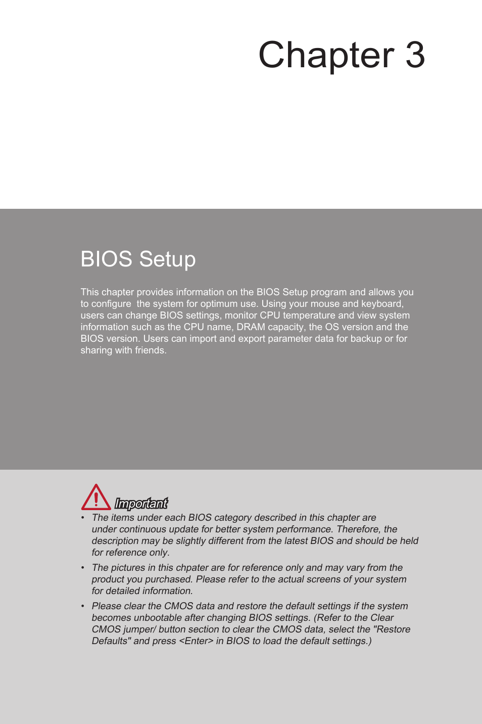 Bios setup, Bios setup -1, Chapter 3 | MSI CSM-Q87M-E43 User Manual | Page 55 / 104