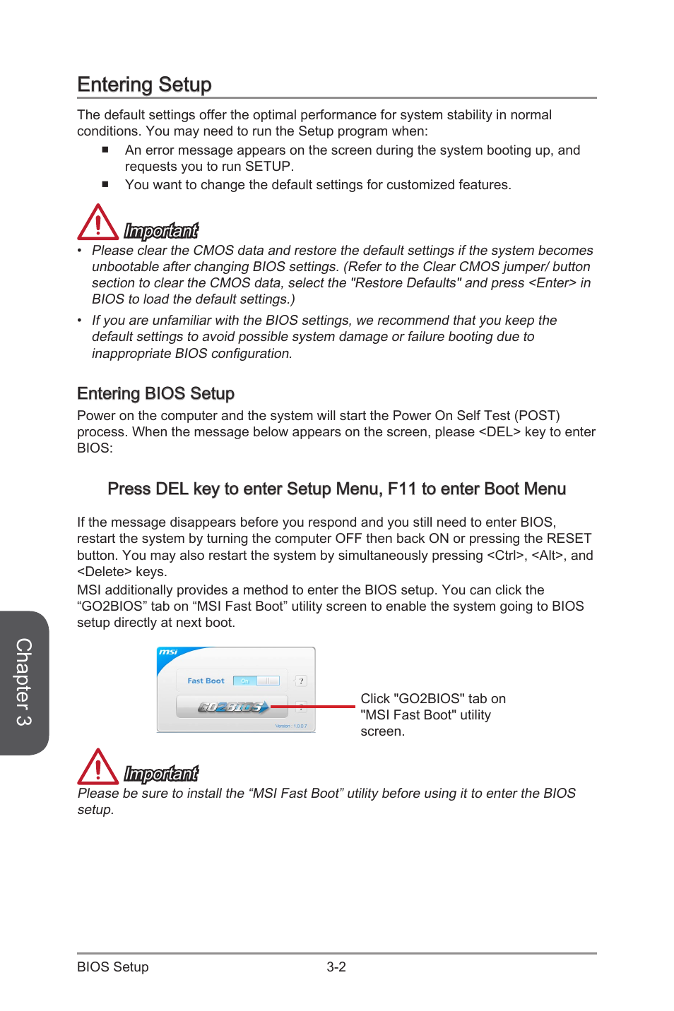 Entering setup, Entering bios setup, Entering setup -2 | Entering bios setup -2, Chapter 3, Important | MSI CSM-Q87M-E43 User Manual | Page 56 / 104