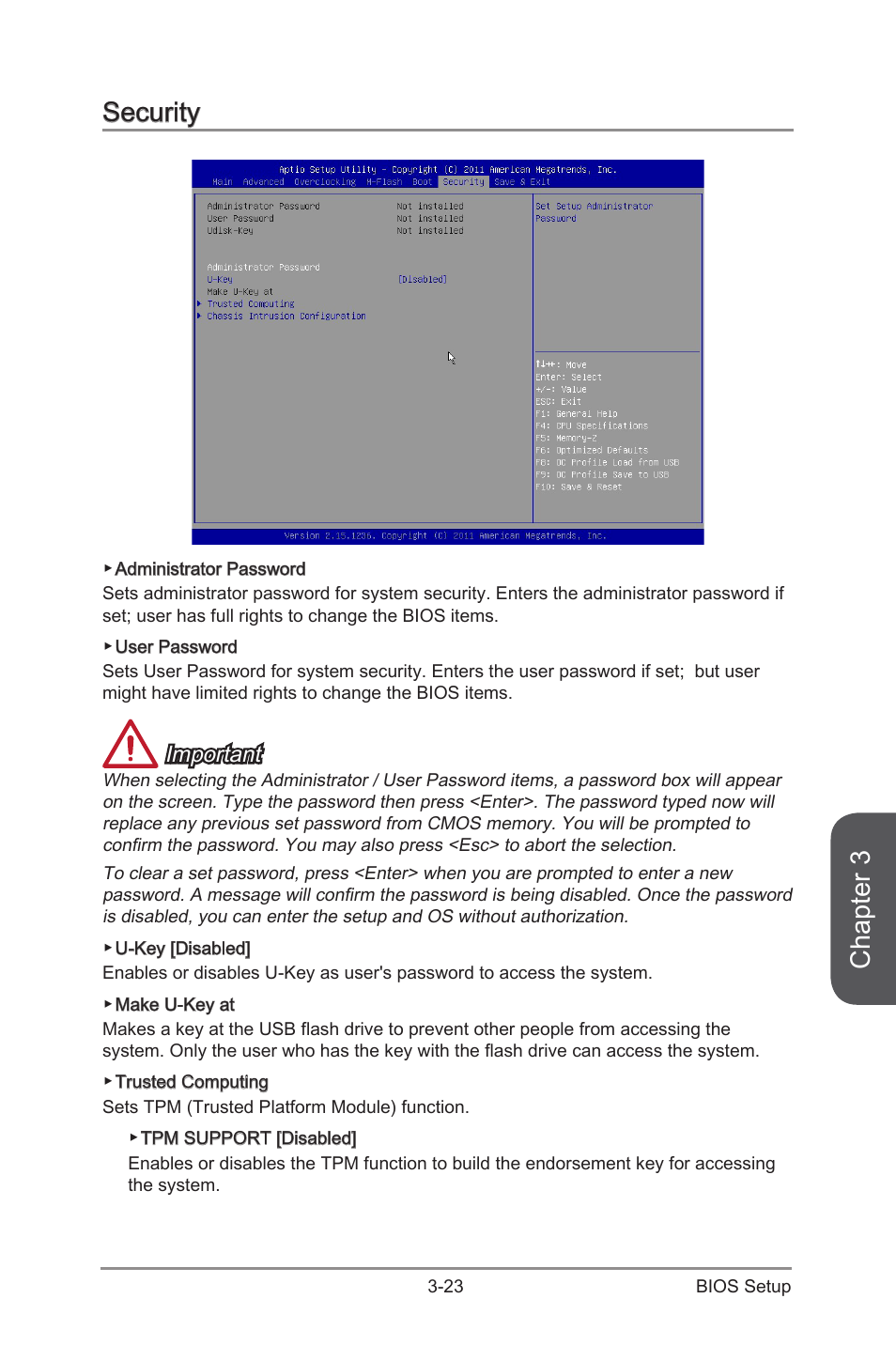 Security, Security -23, Chapter 3 | Important | MSI CSM-Q87M-E43 User Manual | Page 77 / 104