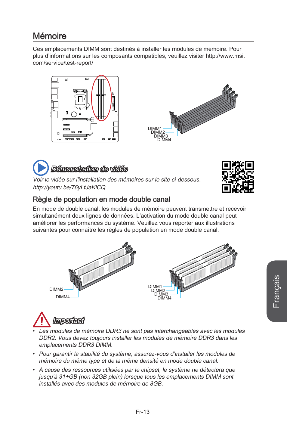 Français, Mémoire, Démonstration de vidéo | Règle de population en mode double canal, Important | MSI B85M-G43 User Manual | Page 101 / 178