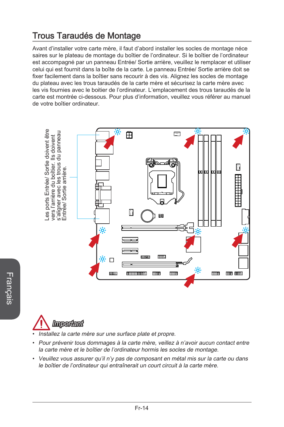 Français, Trous taraudés de montage, Important | MSI B85M-G43 User Manual | Page 102 / 178