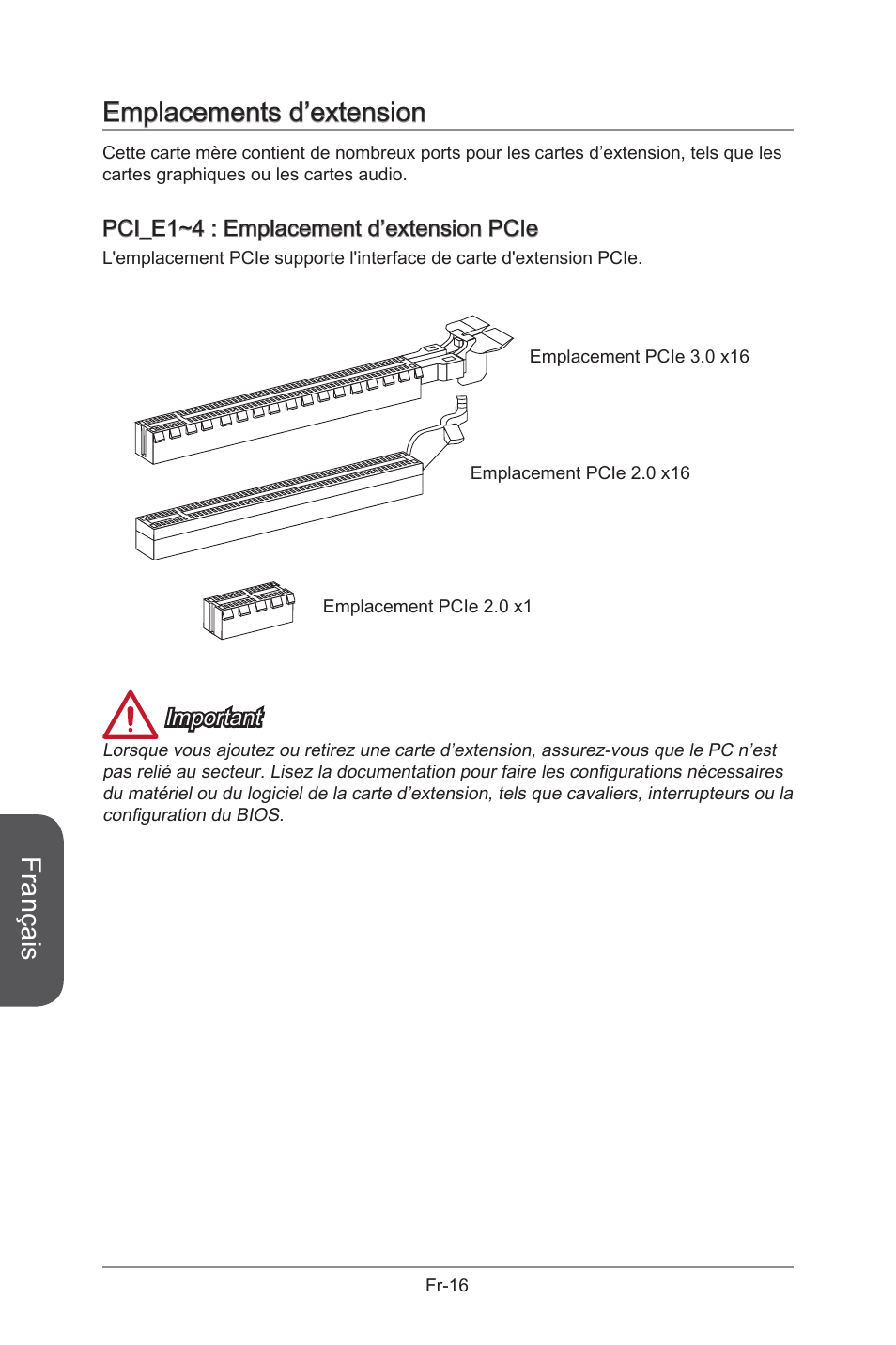 Pci_e1~4, Emplacements d'extension pcie, Fr-16 | Français, Emplacements d’extension | MSI B85M-G43 User Manual | Page 104 / 178