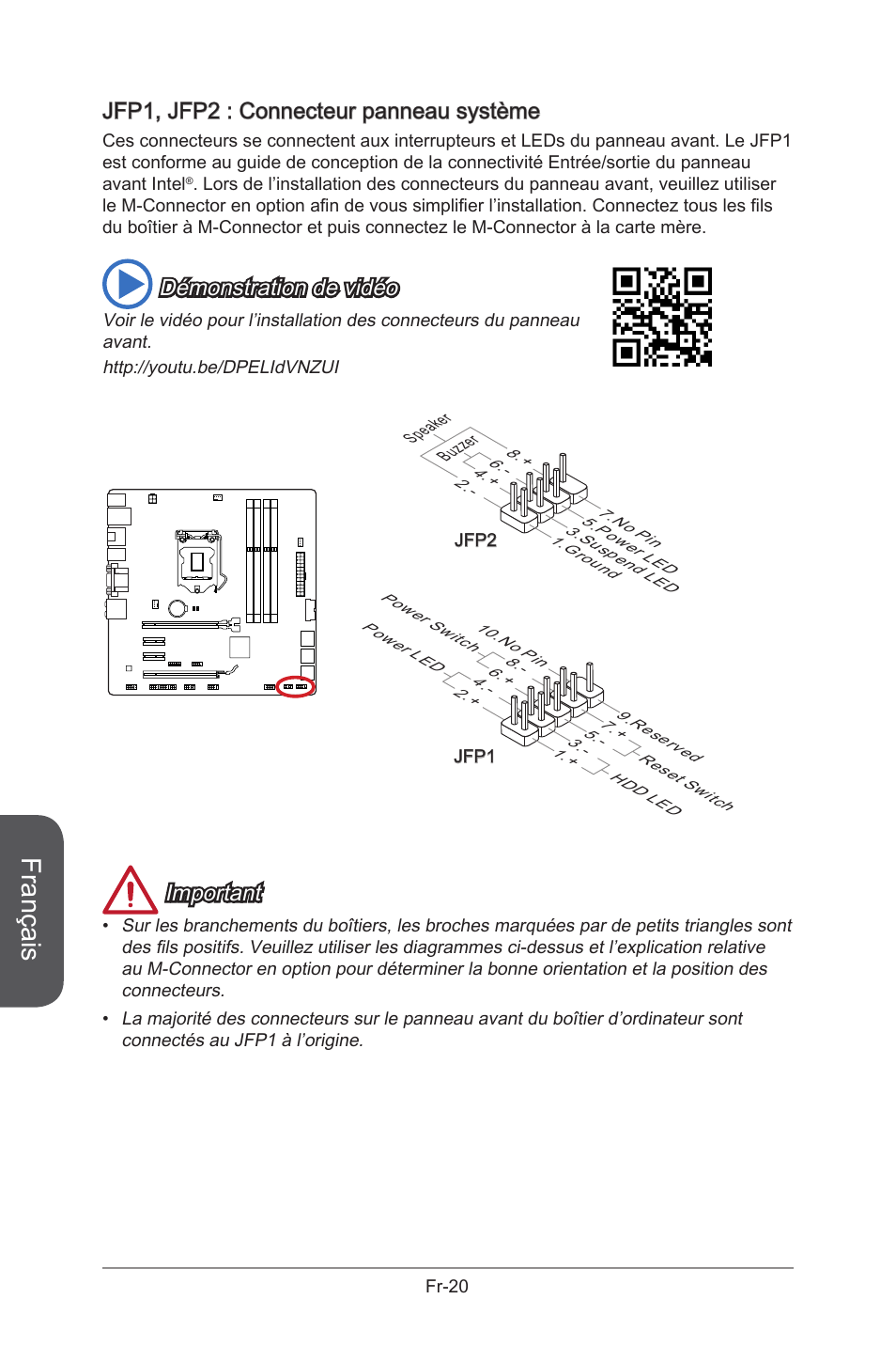 Jfp1, jfp2, Connecteurs de panneau système, Fr-20 | Français, Jfp1, jfp2 : connecteur panneau système, Démonstration de vidéo, Important | MSI B85M-G43 User Manual | Page 108 / 178