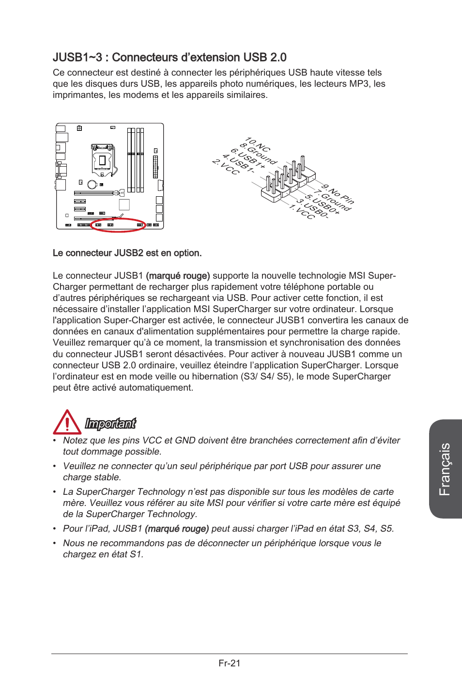 Jusb1~3, Connecteurs d'extension usb 2.0, Fr-21 | Français, Jusb1~3 : connecteurs d’extension usb 2.0, Important | MSI B85M-G43 User Manual | Page 109 / 178