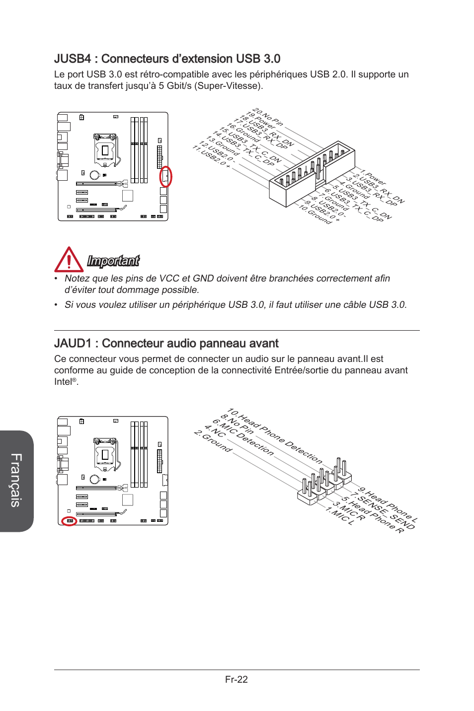 Jaud1, Connecteur audio avant, Fr-22 | Jusb4, Connecteur d'extension usb 3.0, Français, Jusb4 : connecteurs d’extension usb 3.0, Important, Jaud1 : connecteur audio panneau avant | MSI B85M-G43 User Manual | Page 110 / 178