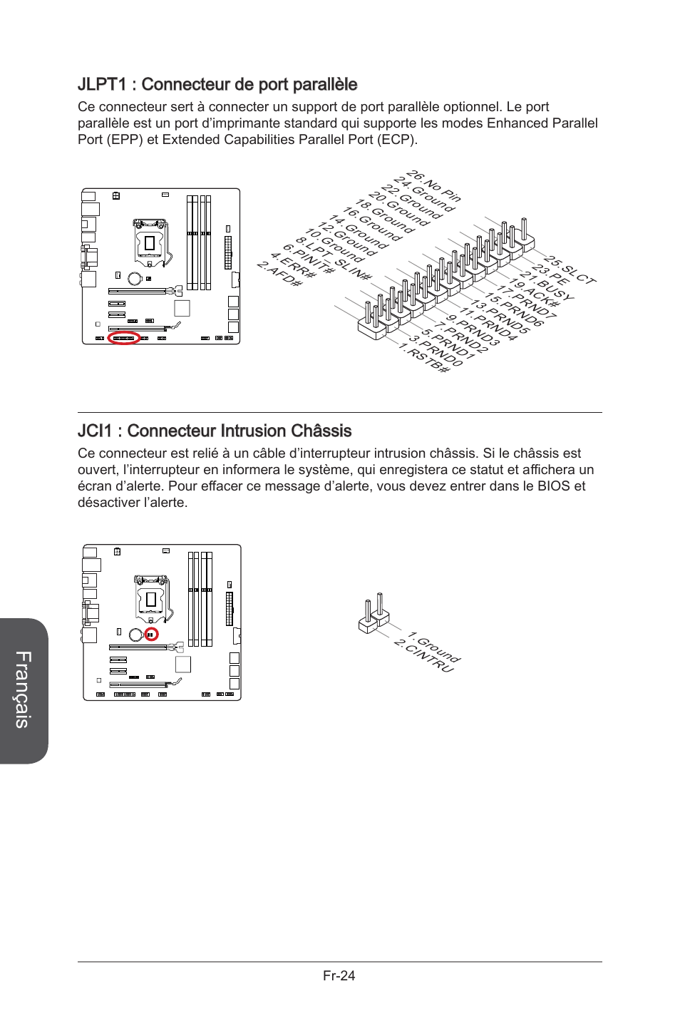 Jci1, Connecteur intrusion châssis, Fr-24 | Jlpt1, Connecteur de port parallèle, Français, Jlpt1 : connecteur de port parallèle, Jci1 : connecteur intrusion châssis | MSI B85M-G43 User Manual | Page 112 / 178