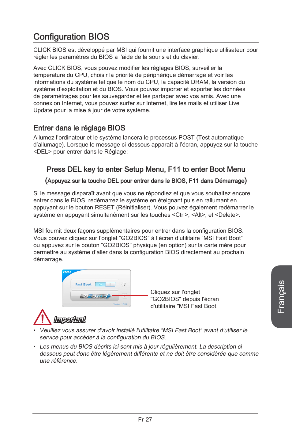 Français, Configuration bios, Entrer dans le réglage bios | Important | MSI B85M-G43 User Manual | Page 115 / 178