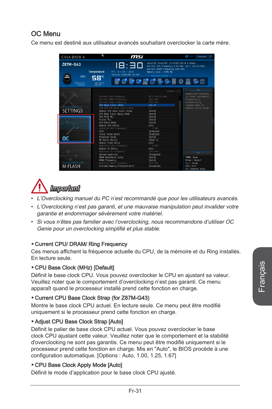 Français, Oc menu, Important | MSI B85M-G43 User Manual | Page 119 / 178