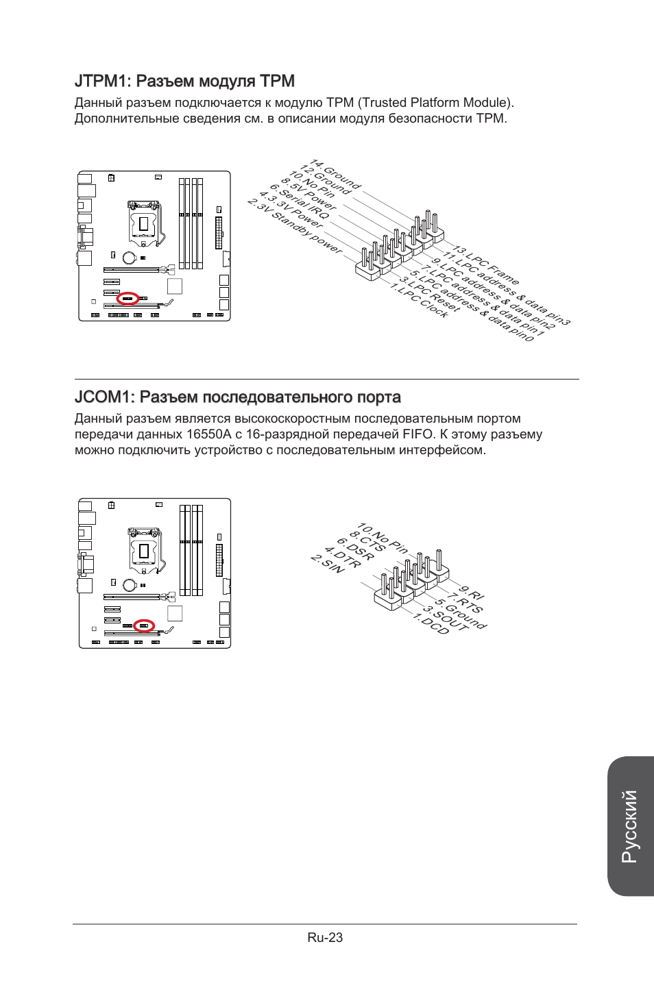 Jcom1, Разъем последовательного порта, Ru-23 | Jtpm1, Разъем модуля tpm, Русский, Jtpm1: разъем модуля трм, Jcom1: разъем последовательного порта | MSI B85M-G43 User Manual | Page 149 / 178