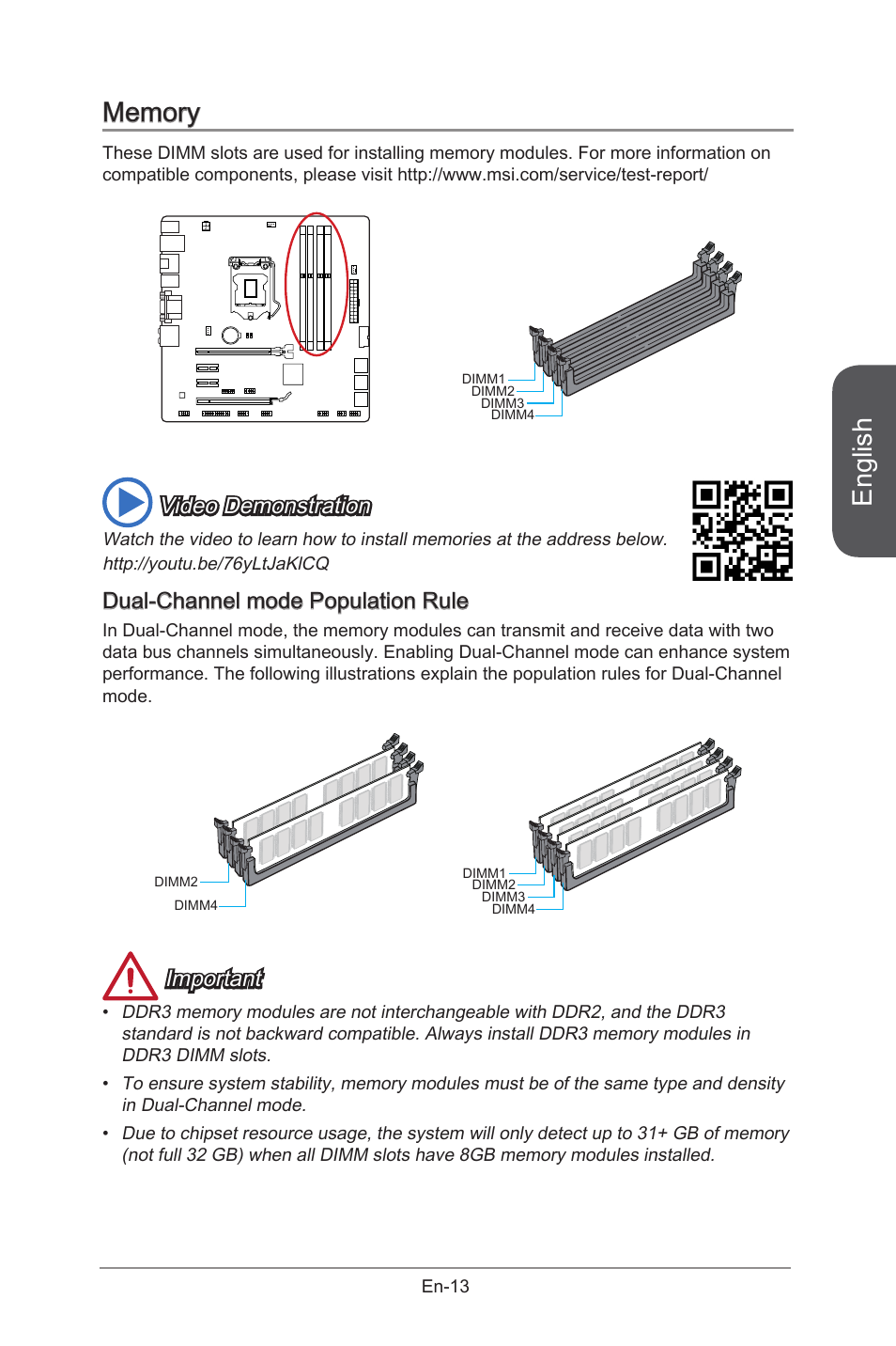 English, Video demonstration, Dual-channel mode population rule | Important | MSI B85M-G43 User Manual | Page 25 / 178