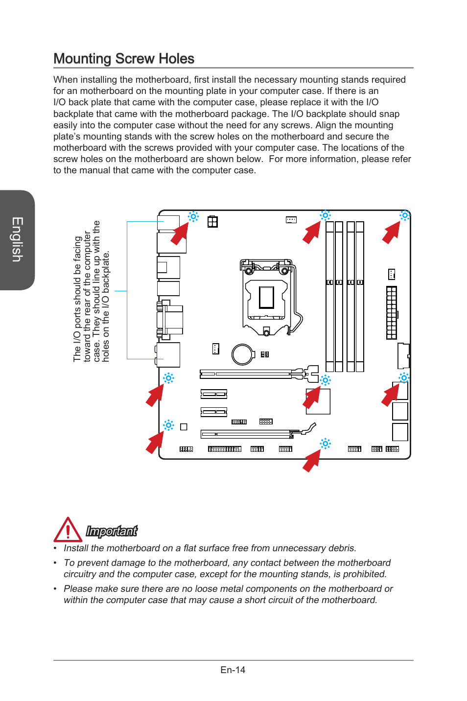 English, Mounting screw holes, Important | MSI B85M-G43 User Manual | Page 26 / 178