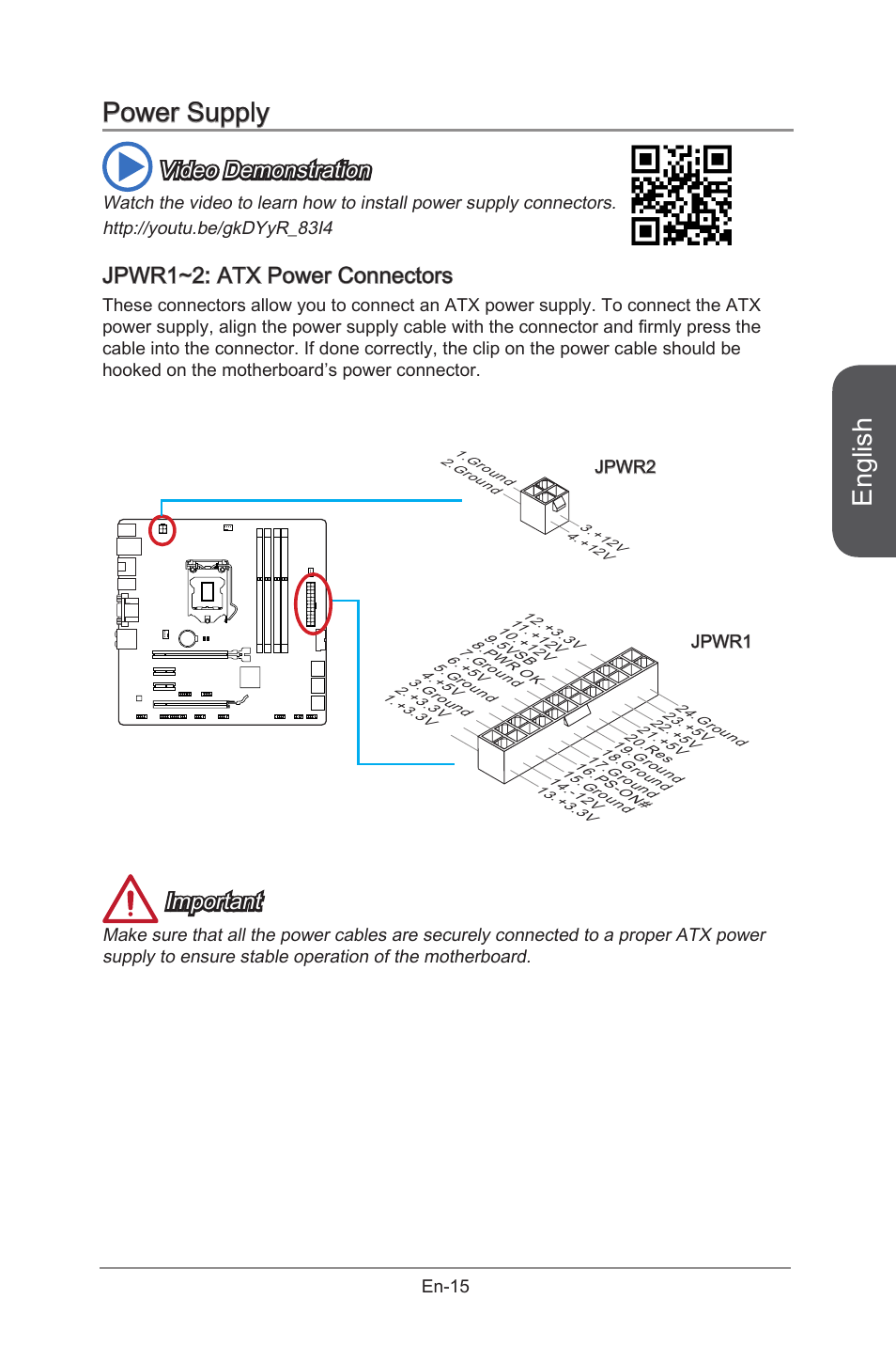 Jpwr1~2, Atx power connectors, En-15 | English, Power supply, Video demonstration, Jpwr1~2: atx power connectors, Important | MSI B85M-G43 User Manual | Page 27 / 178