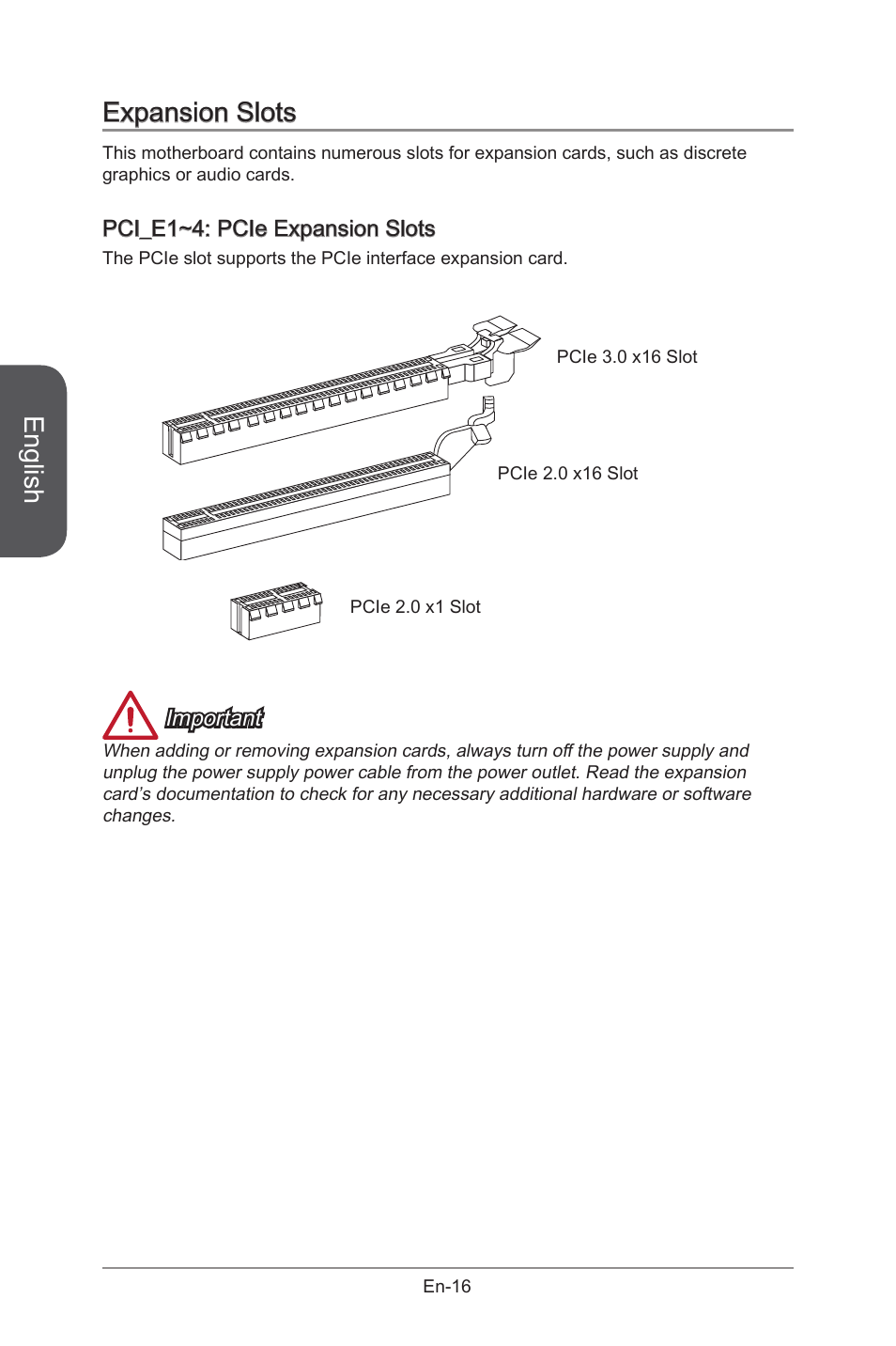 Pci_e1~4, Pcie expansion slots, En-16 | English, Expansion slots | MSI B85M-G43 User Manual | Page 28 / 178