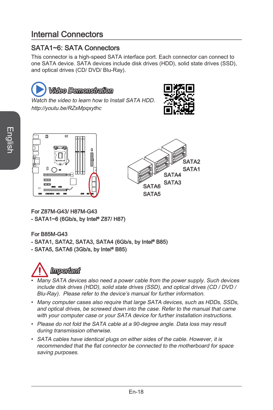 Sata1~6, Sata connectors, En-18 | English, Internal connectors, Sata1~6: sata connectors, Video demonstration, Important | MSI B85M-G43 User Manual | Page 30 / 178