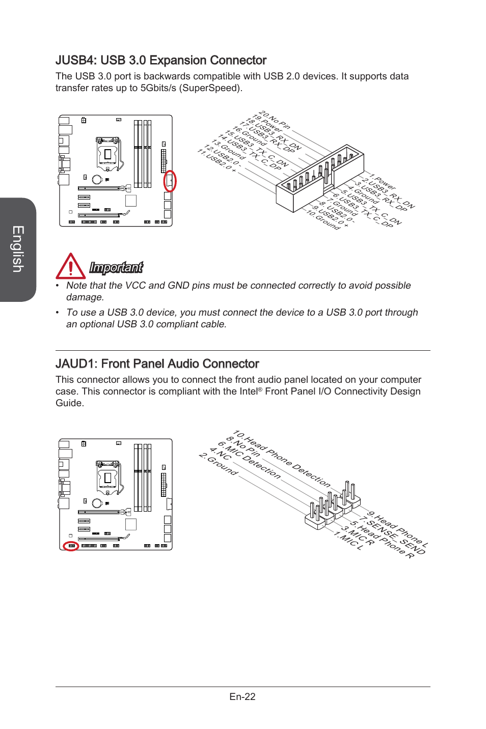 Jaud1, Front panel audio connector, En-22 | Jusb4, Usb 3.0 expansion connector, English, Jusb4: usb 3.0 expansion connector, Important, Jaud1: front panel audio connector | MSI B85M-G43 User Manual | Page 34 / 178