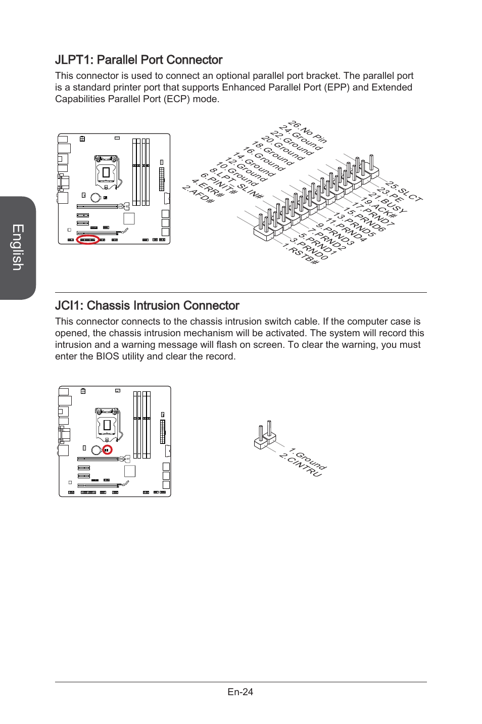 Jci1, Chassis intrusion connector, En-24 | Jlpt1, Parallel port connector, English, Jlpt1: parallel port connector, Jci1: chassis intrusion connector | MSI B85M-G43 User Manual | Page 36 / 178