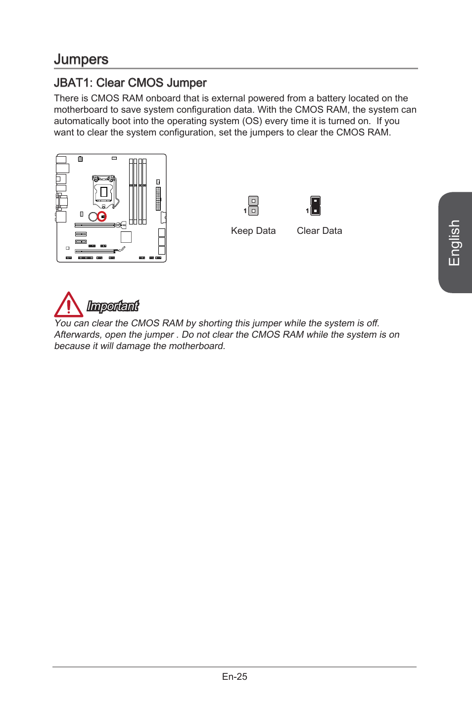Jbat1, Clear cmos jumper, En-25 | English, Jumpers, Jbat1: clear cmos jumper, Important | MSI B85M-G43 User Manual | Page 37 / 178