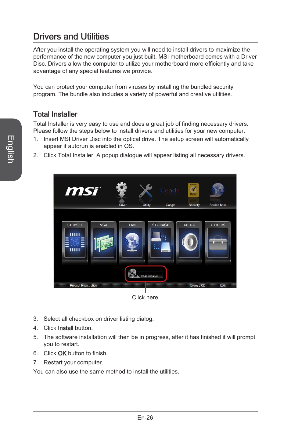 English, Drivers and utilities, Total installer | MSI B85M-G43 User Manual | Page 38 / 178