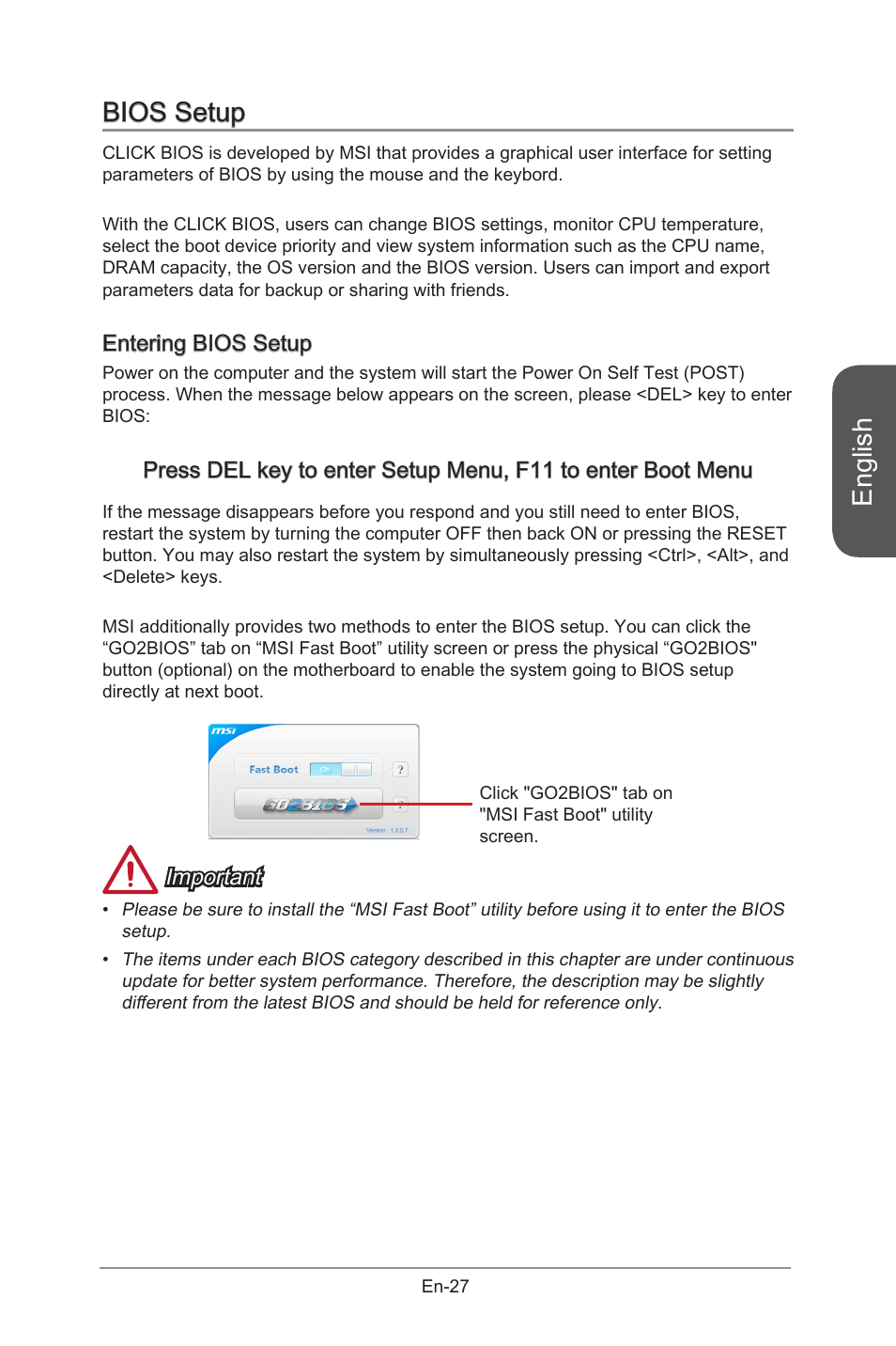 English, Bios setup, Entering bios setup | Important | MSI B85M-G43 User Manual | Page 39 / 178