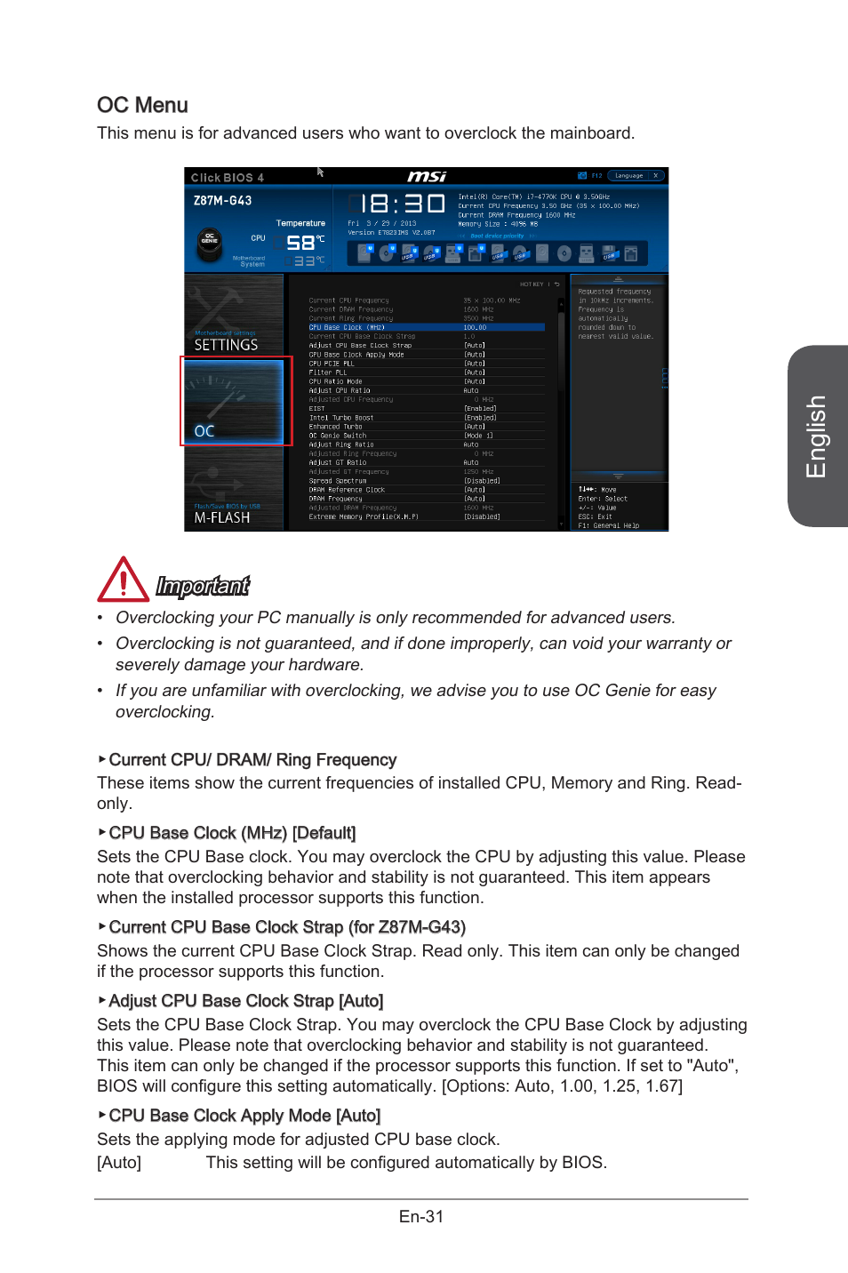 English, Oc menu, Important | MSI B85M-G43 User Manual | Page 43 / 178